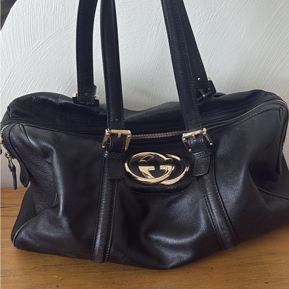 Gucci Black Leather Shoulder Bag with Gold Accents